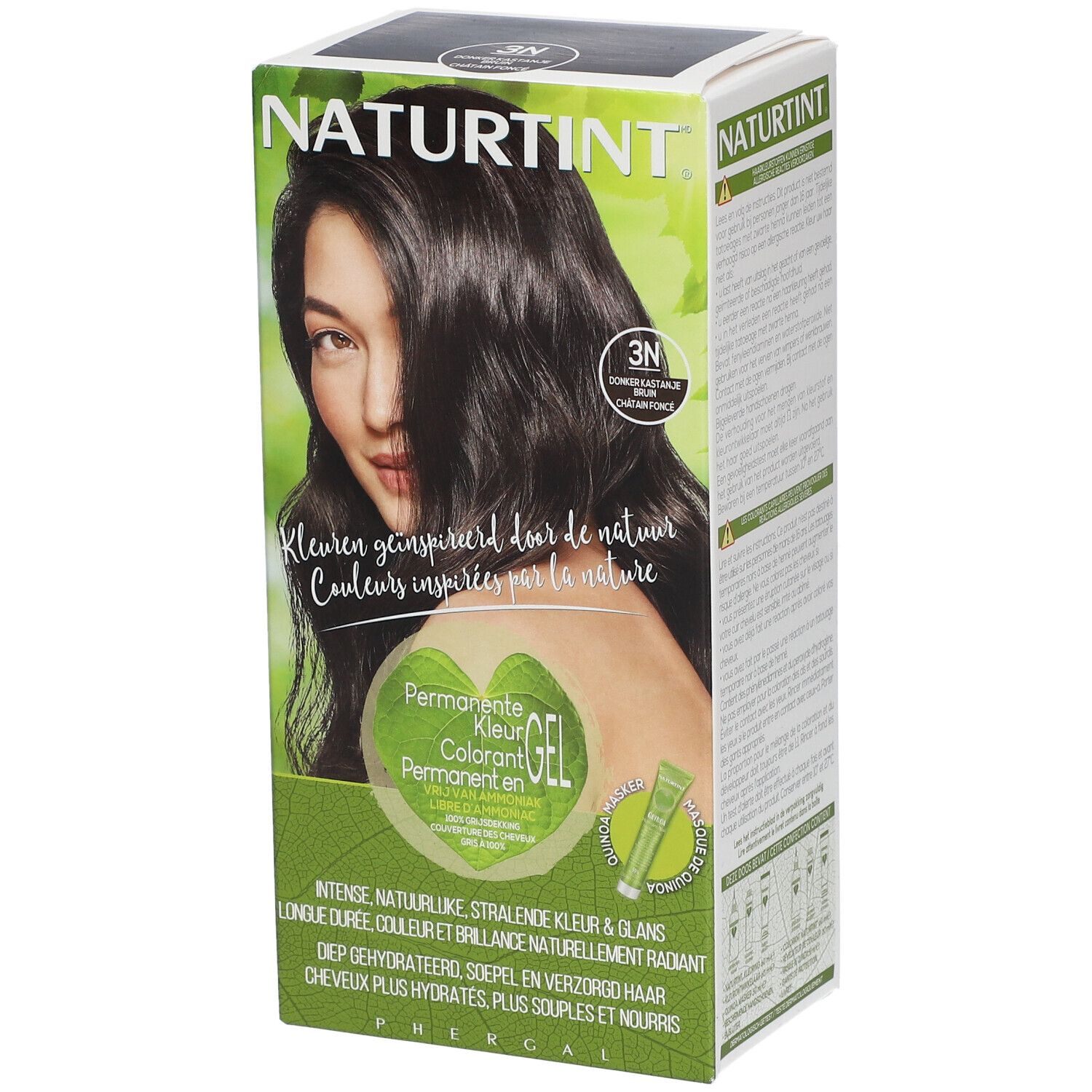 Boîte de coloration capillaire avec femme aux cheveux bruns. Texte: NATURTINT, 3N, Permanente Kleur Gel, couleurs inspirées par la nature.
