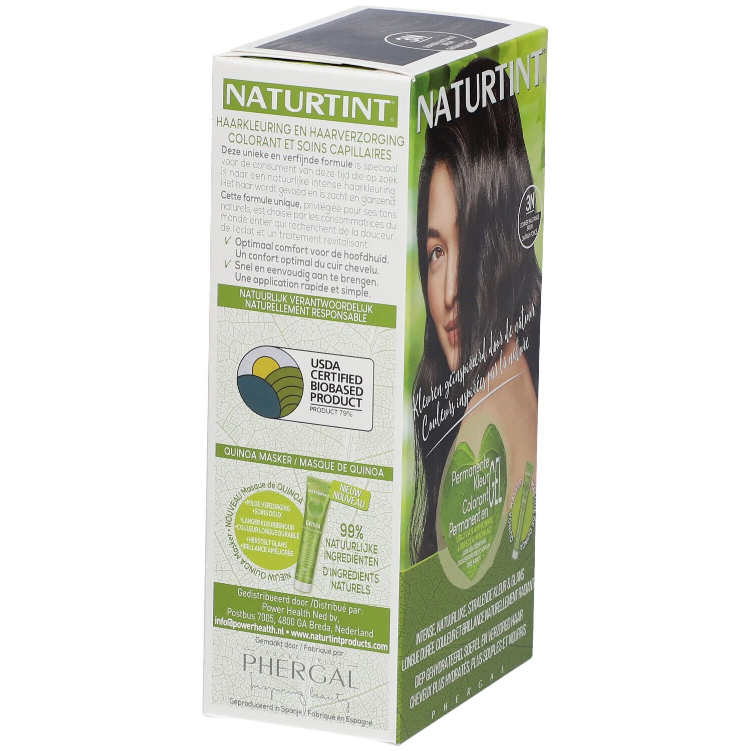 Vue latérale de la boîte de coloration. Texte: NATURTINT, masque de quinoa, 99% ingrédients naturels, certification USDA.