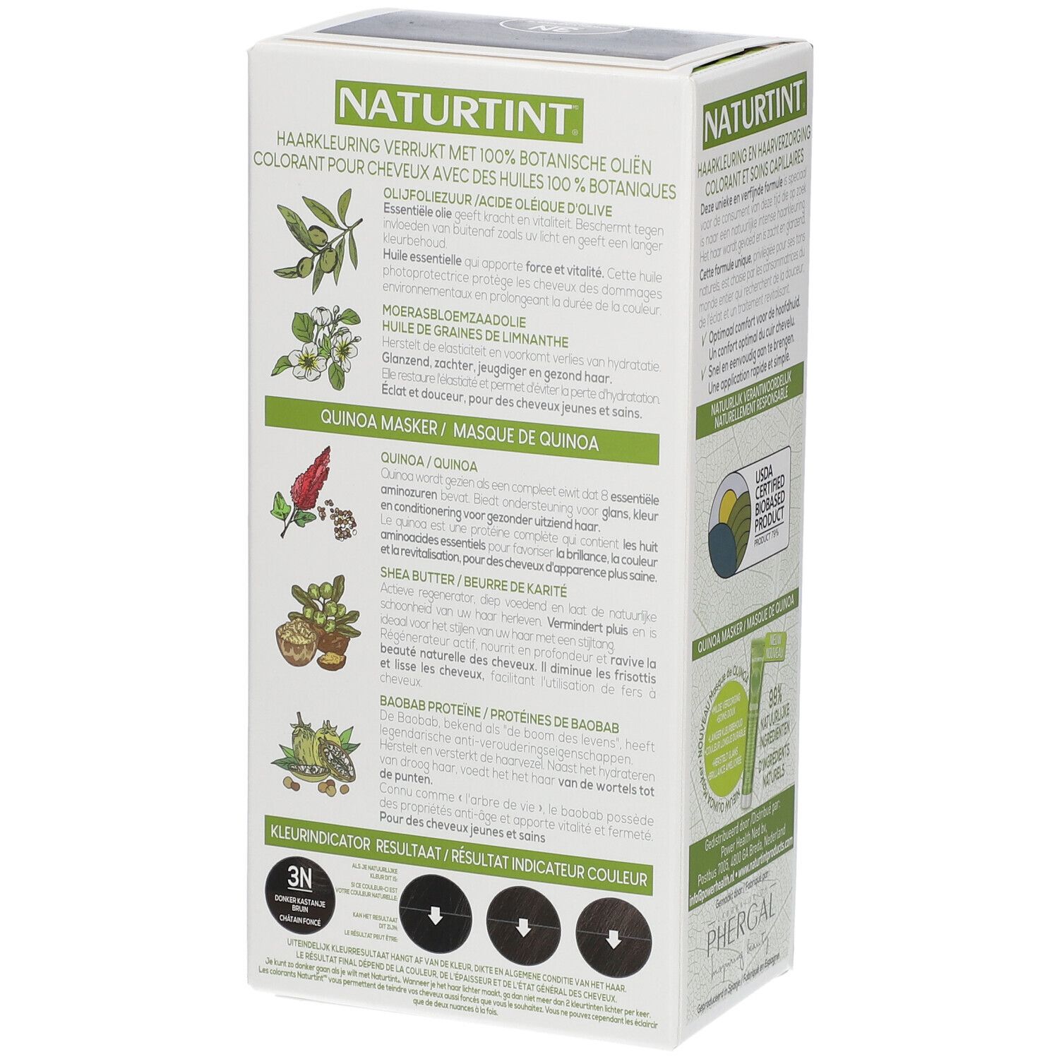 Dos de la boîte de coloration. Texte: NATURTINT, ingrédients, instructions d'utilisation, indicateur de couleur 3N.