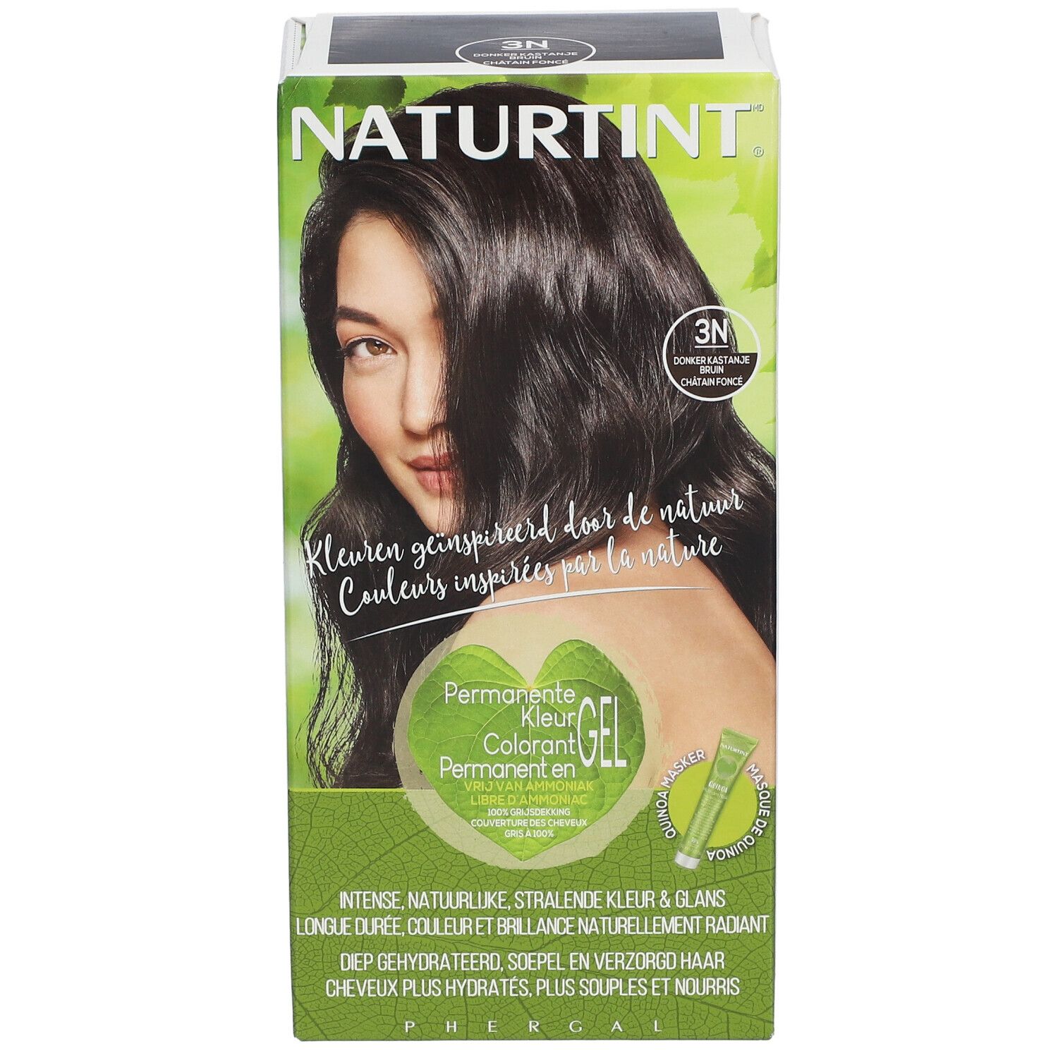 Boîte de coloration capillaire avec femme aux cheveux bruns. Texte: NATURTINT, 3N, Permanente Kleur Gel, couleurs inspirées par la nature.
