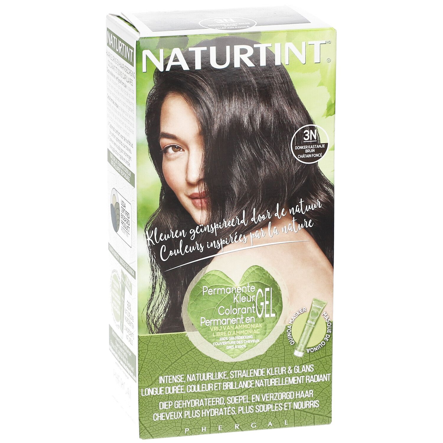 Boîte de coloration capillaire avec femme aux cheveux bruns. Texte: NATURTINT, 3N, Permanente Kleur Gel, couleurs inspirées par la nature.