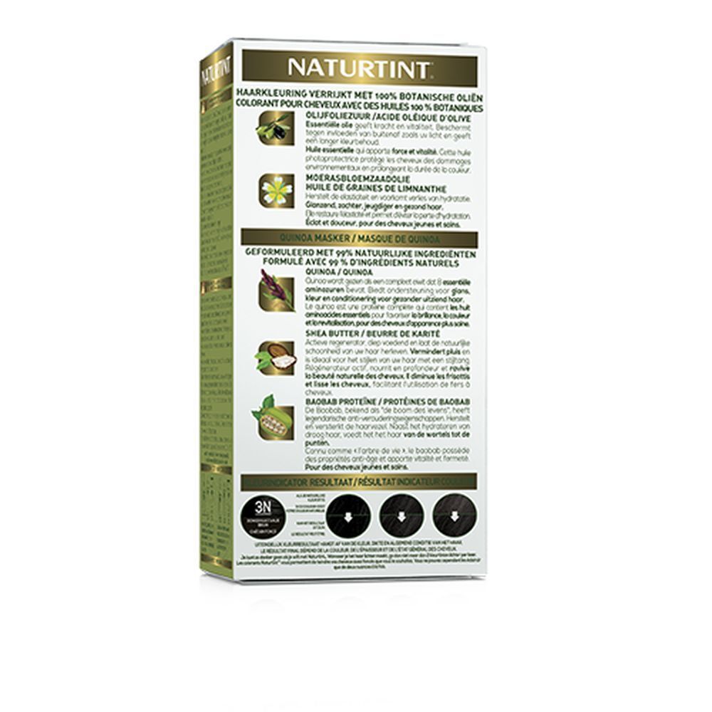 Dos de la boîte de coloration. Texte: NATURTINT, ingrédients, instructions d'utilisation, certification USDA, indicateur de couleur 3N.