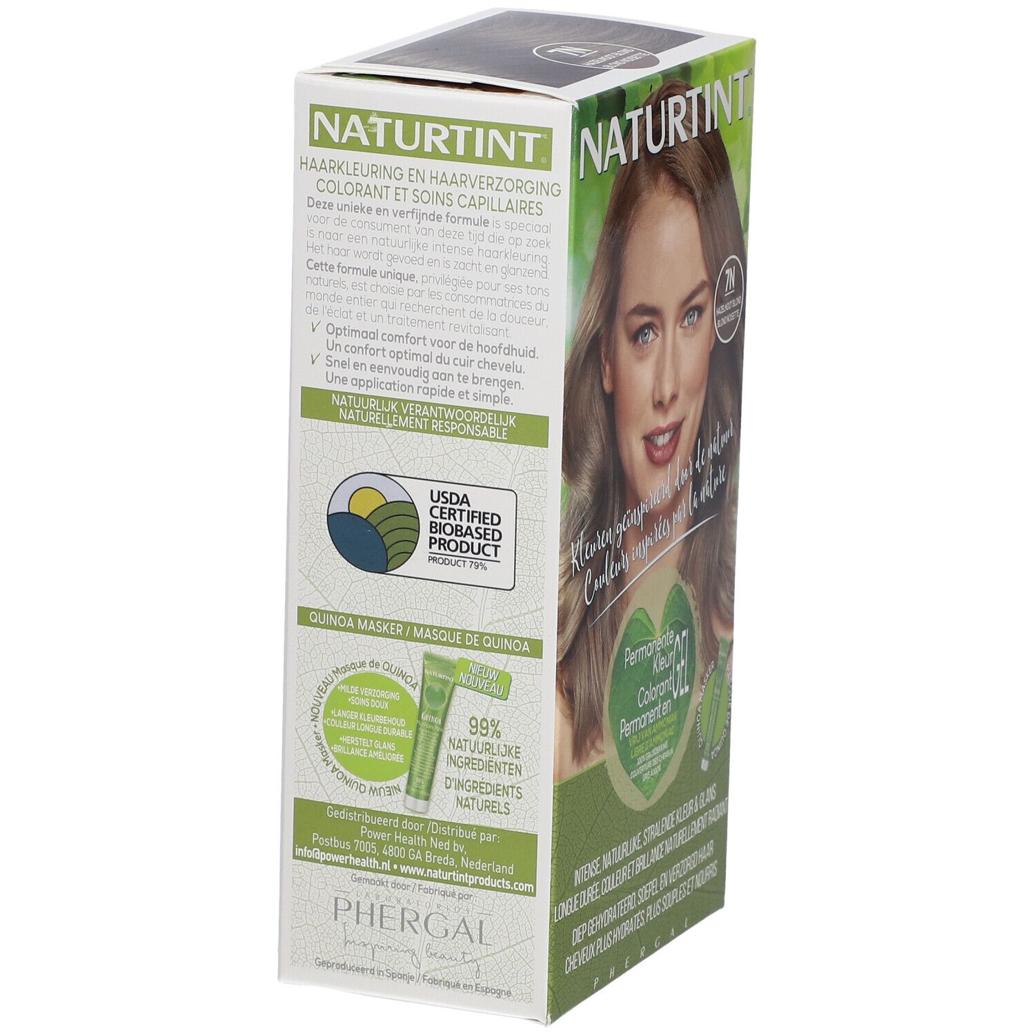 Côté de la boîte NATURTINT® Coloration Permanente. Texte sur les ingrédients et l'utilisation. Masque de quinoa.