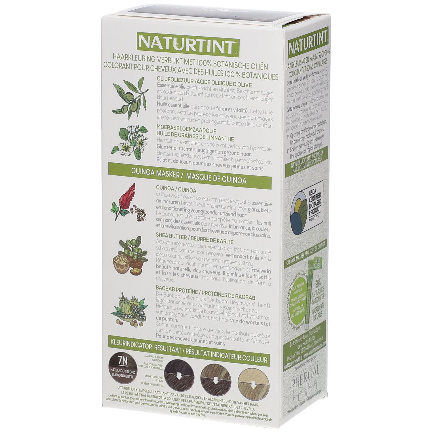 Dos de la boîte NATURTINT® Coloration Permanente. Texte sur les ingrédients et les résultats. Indicateurs de couleur de cheveux.