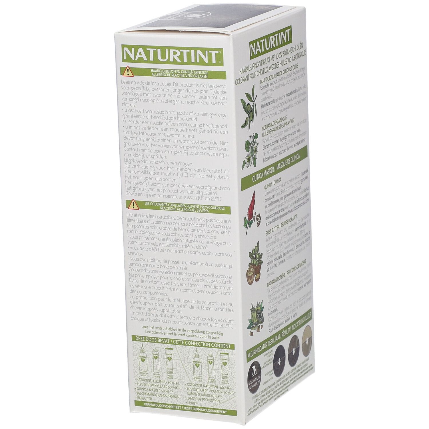 Côté de la boîte NATURTINT® Coloration Permanente. Texte sur l'utilisation et les avertissements. Illustrations.