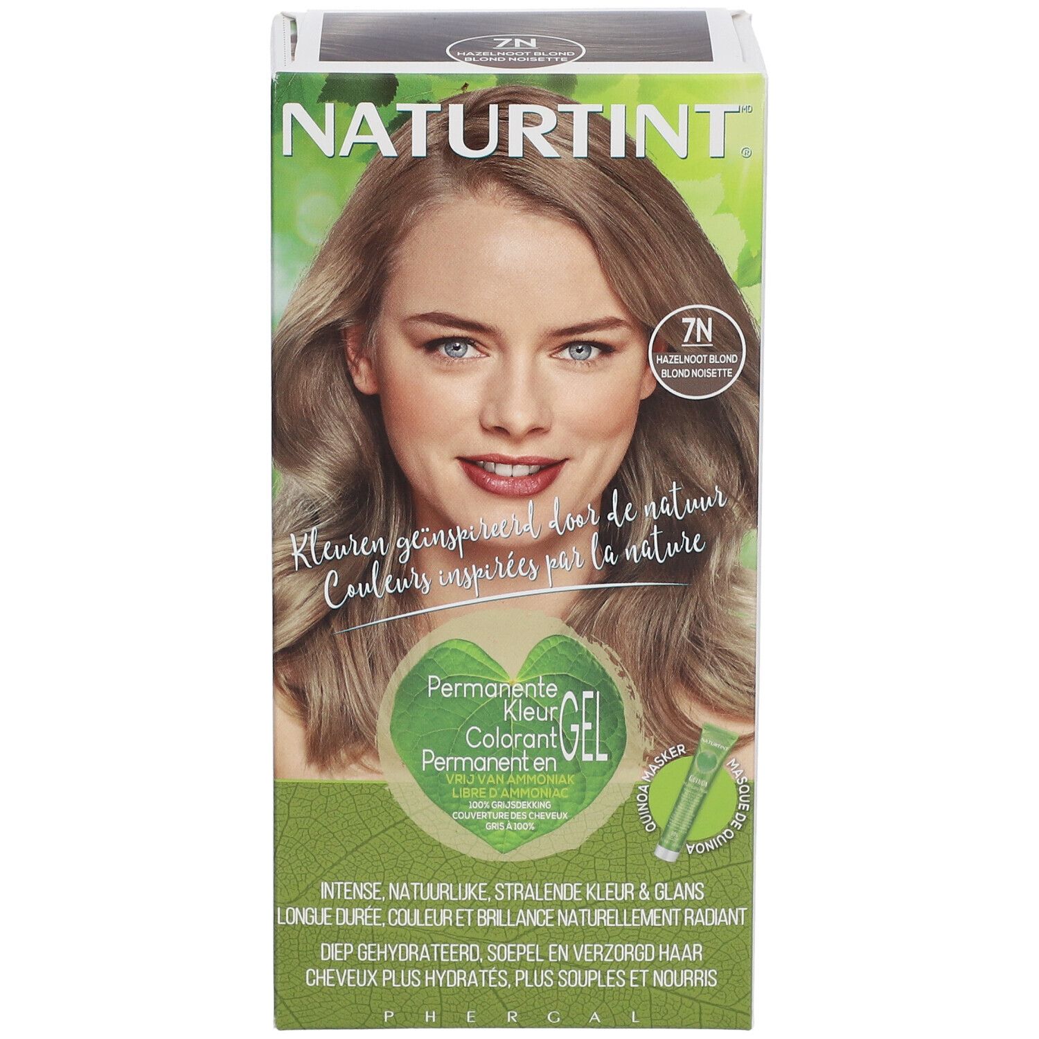 Boîte NATURTINT® Coloration Permanente 7N Blond noisette. Femme blonde. Texte : Couleurs inspirées par la nature.