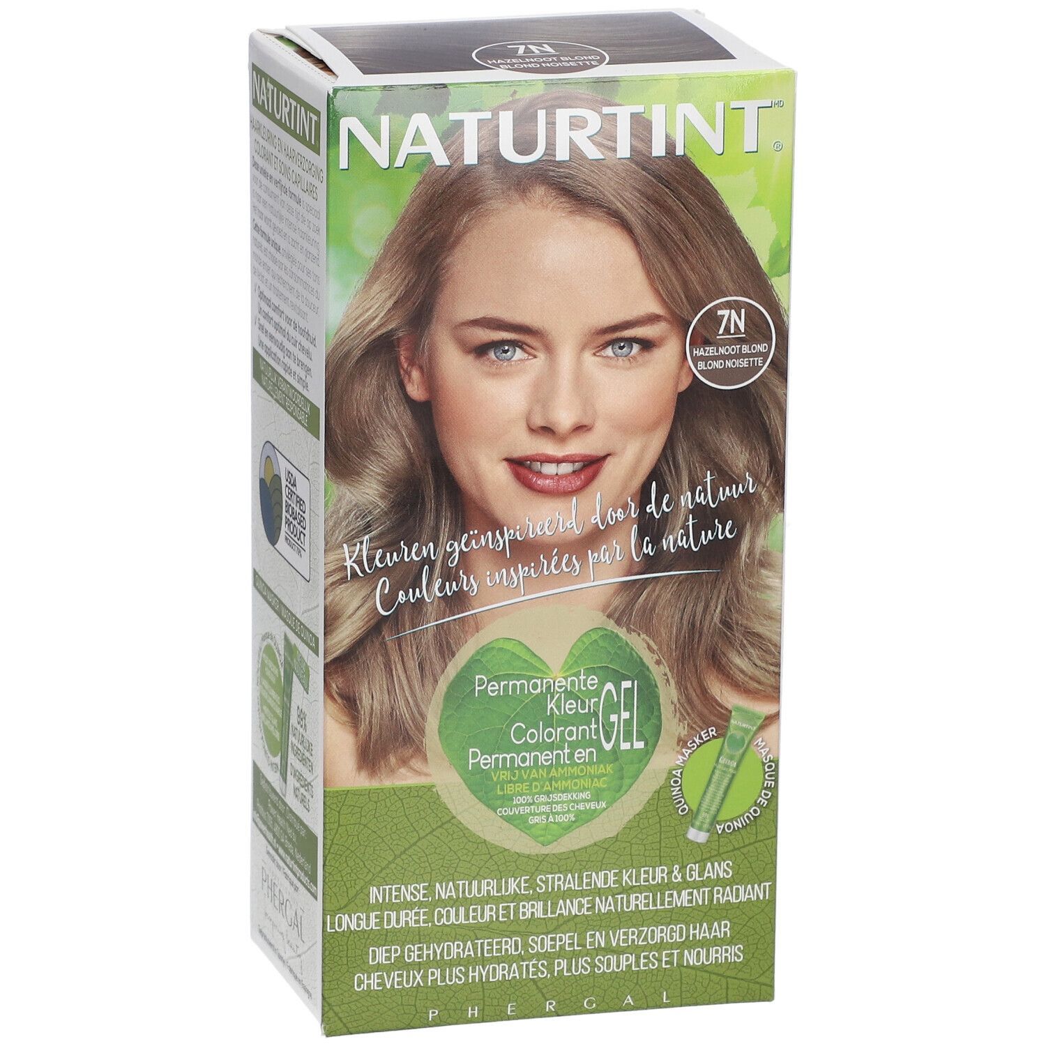 Boîte NATURTINT® Coloration Permanente 7N Blond noisette. Femme blonde. Texte : Couleurs inspirées par la nature.