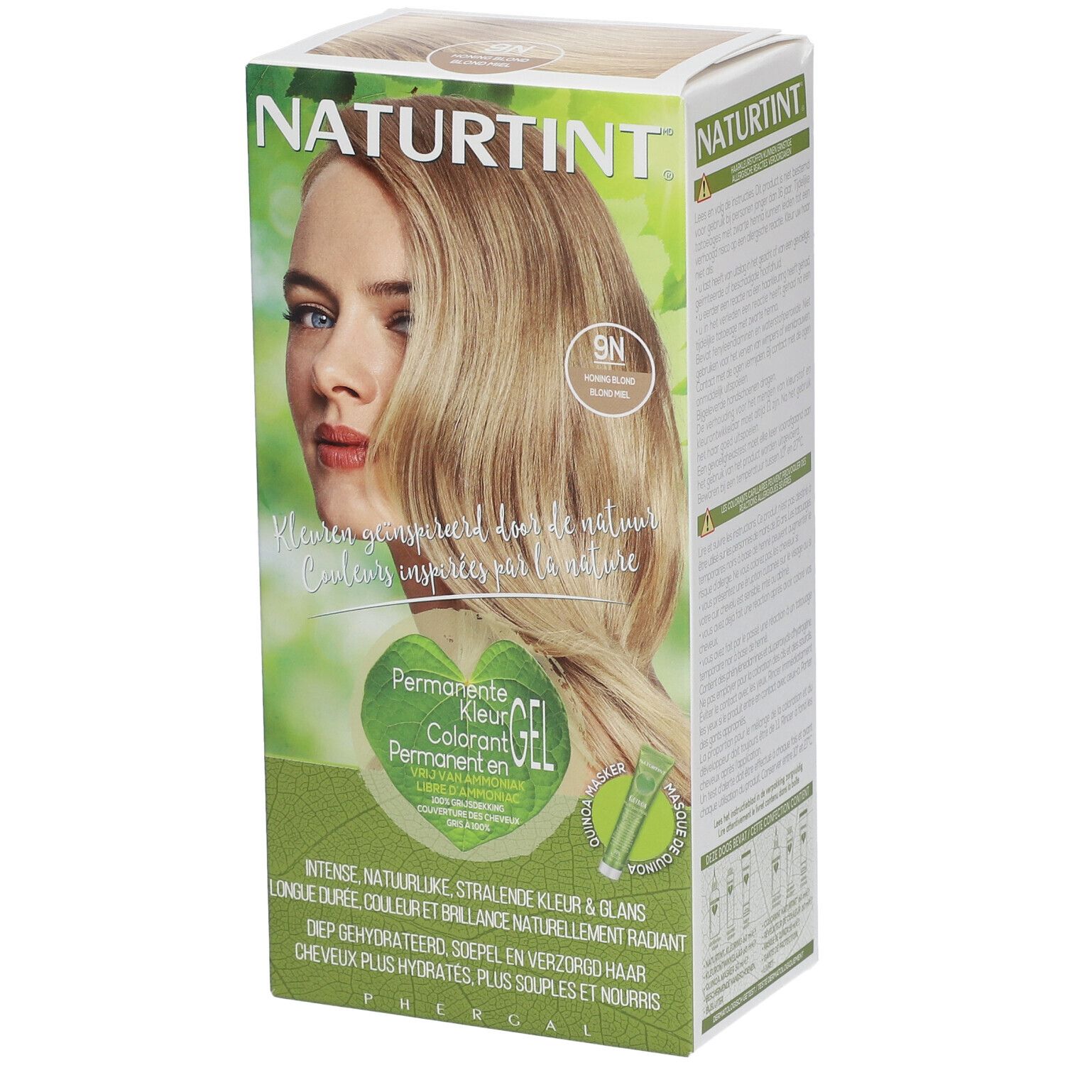 Boîte de coloration capillaire avec image et texte. Contient 9N Blond miel. Avec certification USDA.