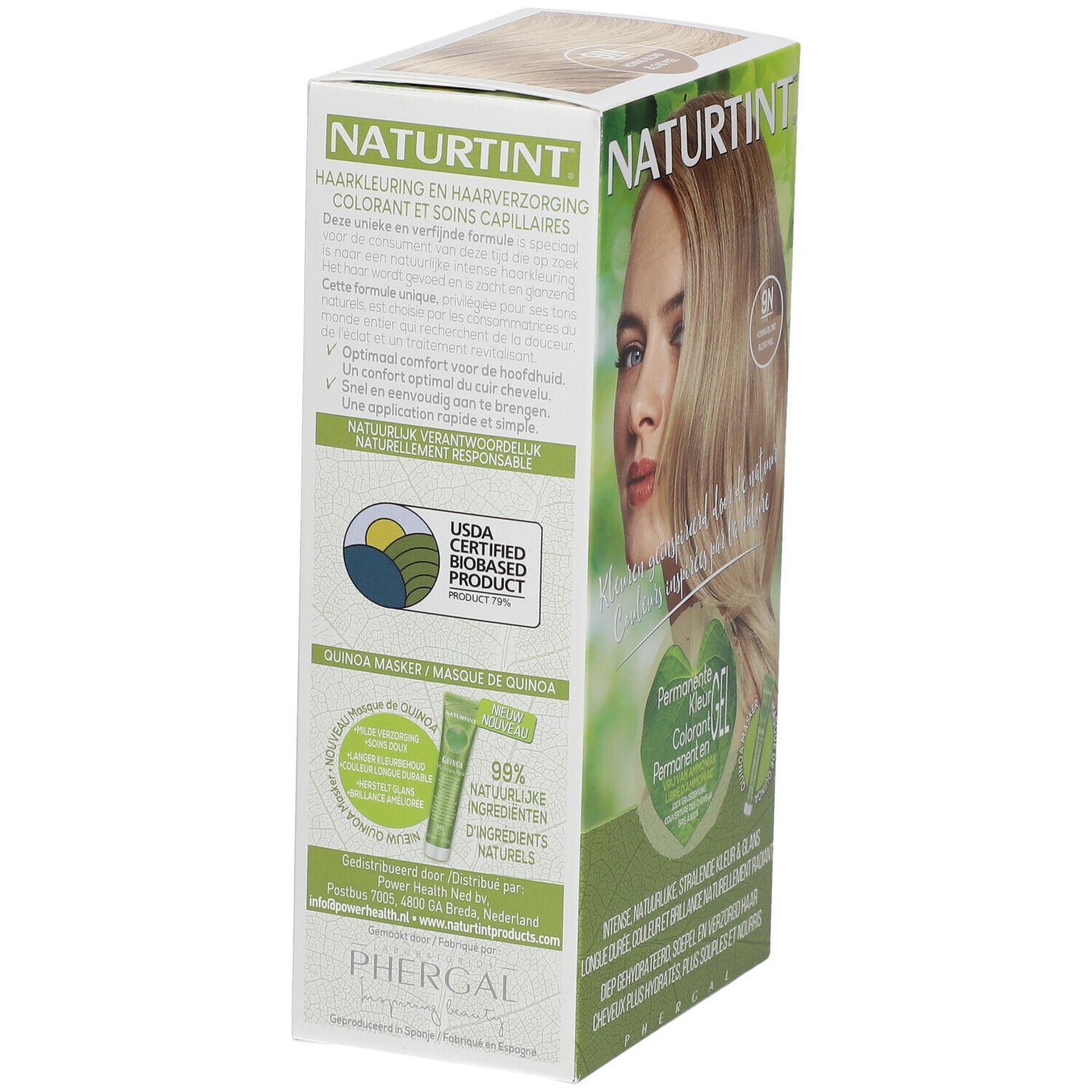 Boîte de coloration capillaire avec image et texte. Contient 9N Blond miel. Avec certification USDA.