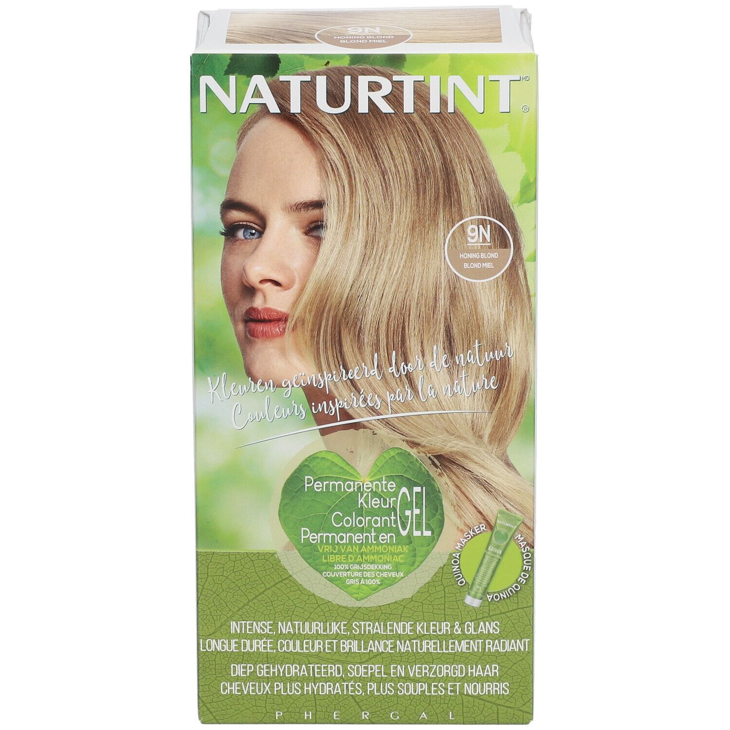 Boîte de coloration capillaire avec image et texte. Contient 9N Blond miel. Avec certification USDA.