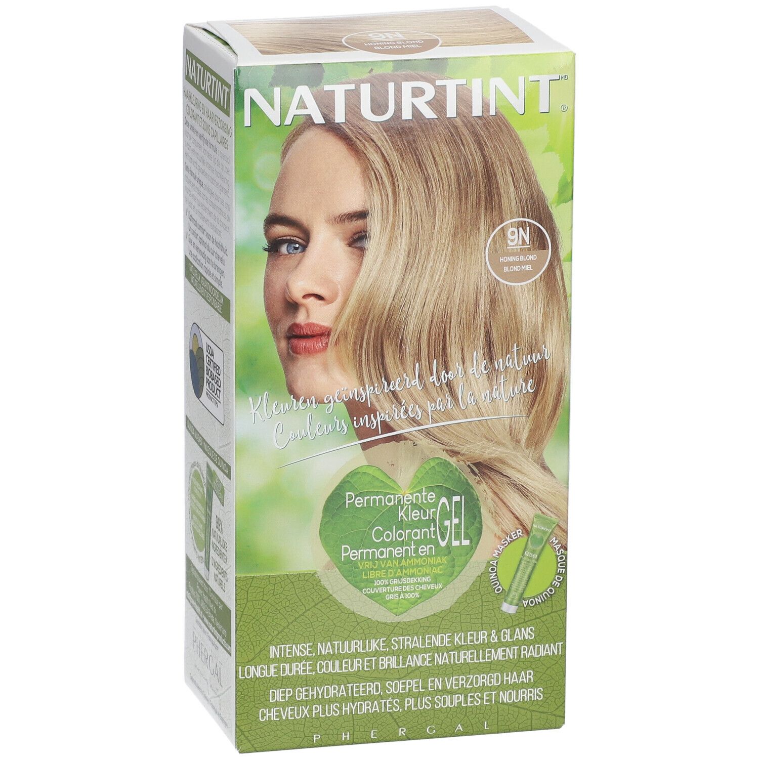 Boîte de coloration capillaire avec image et texte. Contient 9N Blond miel. Avec certification USDA.