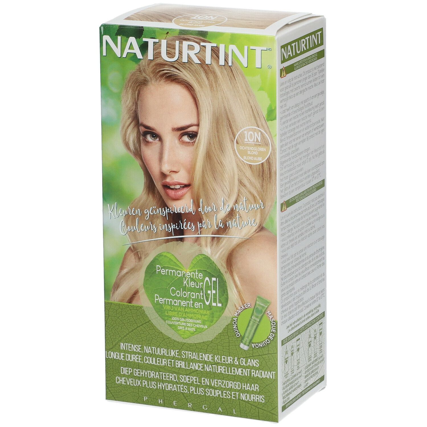 Haarfarben-Box mit Frau, blondem Haar. Text: NATURTINT, 10N, Permanente Kleur Gel. Natürliche Farben inspiriert von der Natur.