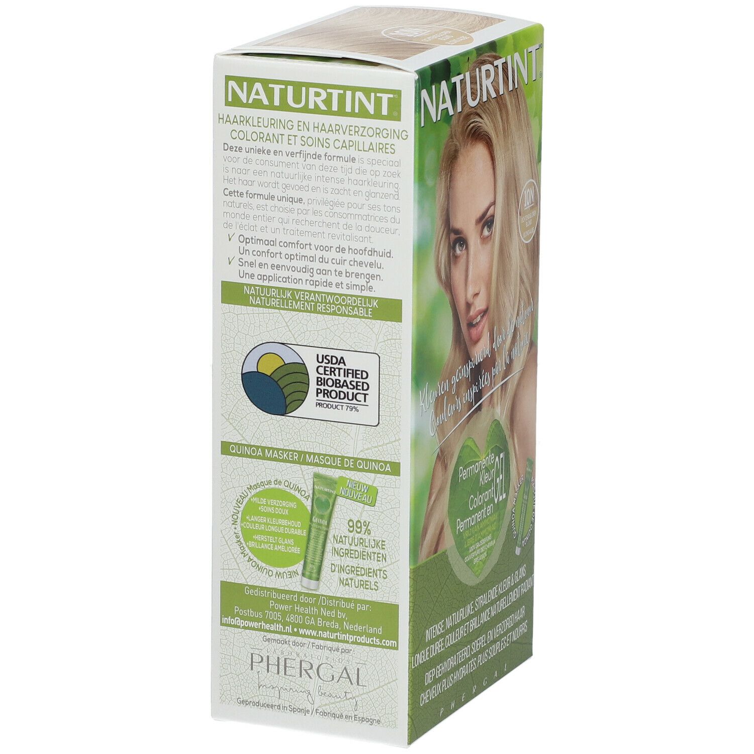 Seite der Haarfarben-Box. Text: NATURTINT, Haarfarben und Haarpflege. USDA-Zertifizierung. Quinoa Maske. 99% natürliche Inhaltsstoffe.