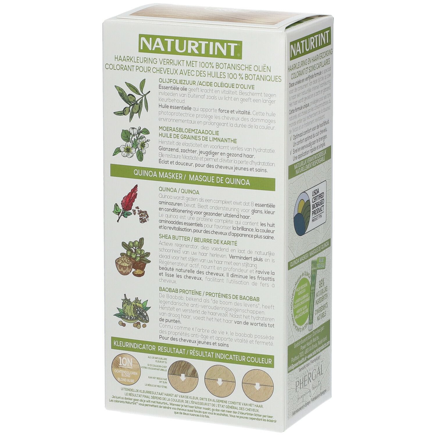Rückseite der Haarfarben-Box. Text: NATURTINT, 100% botanische Öle, Quinoa Maske, Shea Butter, Baobab Proteine. Farbindikator. Phergal-Logo.