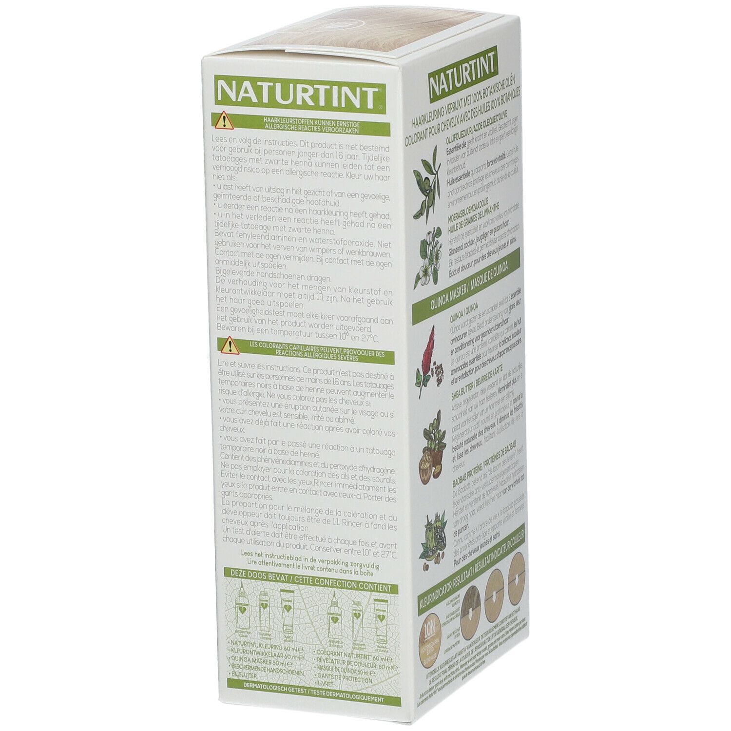 Seite der Haarfarben-Box. Text: NATURTINT, Warnhinweise, Anwendungshinweise, Inhaltsstoffe. Phergal-Logo. Farbindikator.