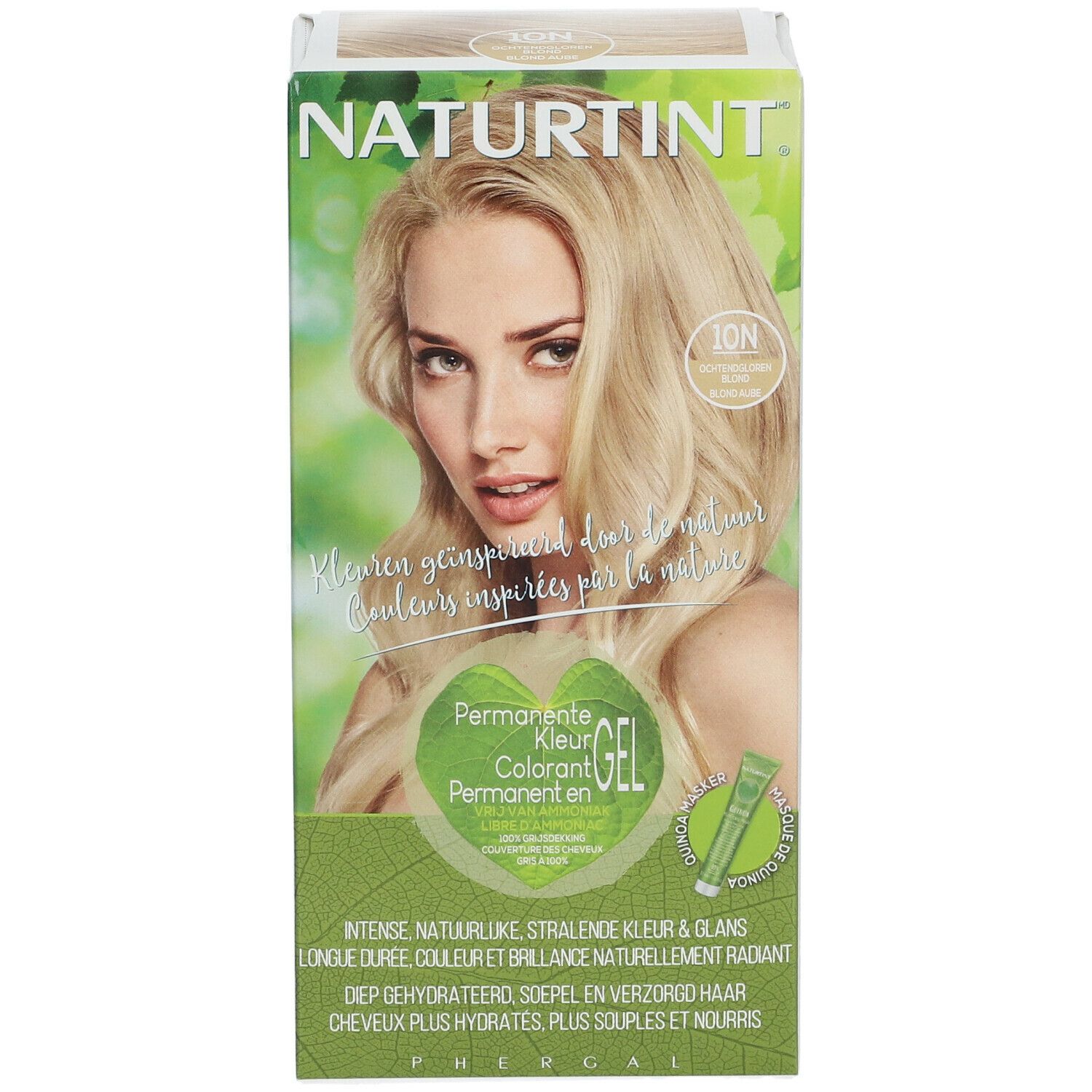 Haarfarben-Box mit Frau, blondem Haar. Text: NATURTINT, 10N, Permanente Kleur Gel. Natürliche Farben inspiriert von der Natur.