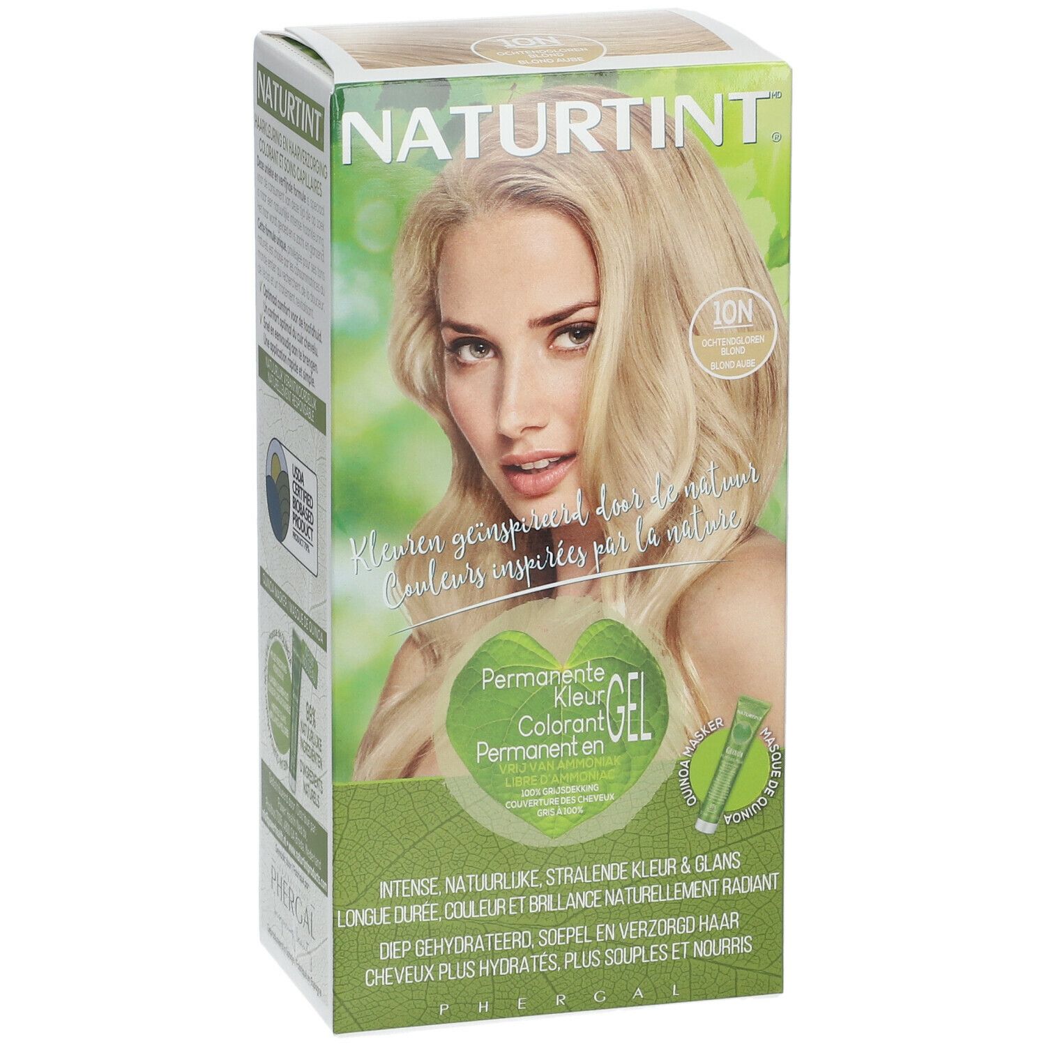 Haarfarben-Box mit Frau, blondem Haar. Text: NATURTINT, 10N, Permanente Kleur Gel. Natürliche Farben inspiriert von der Natur.