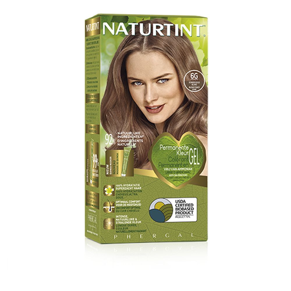 NATURTINT® 6G Blond doré foncé. Boîte avec femme, image produit et texte. 92% ingrédients naturels.
