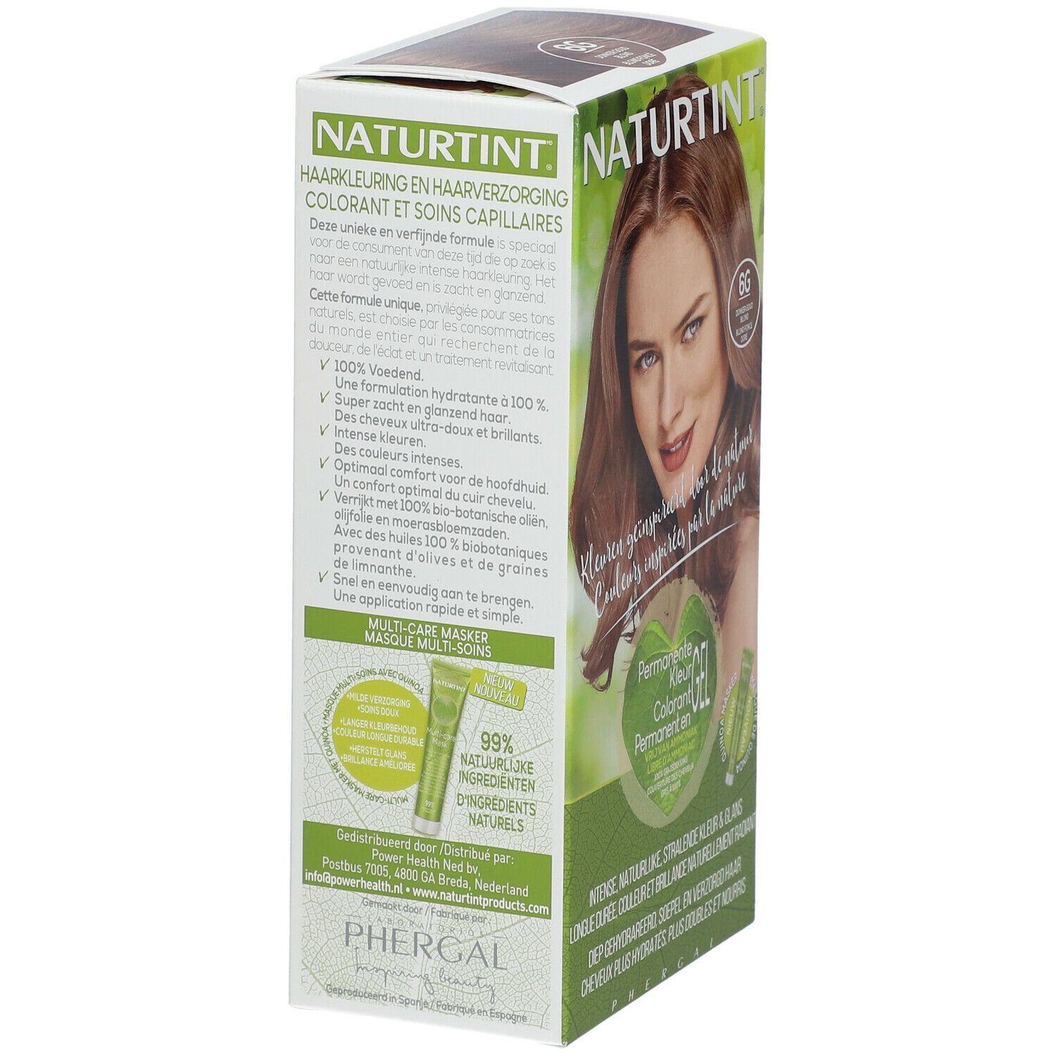 Vue latérale de la boîte de coloration NATURTINT®. Texte sur les ingrédients et l'utilisation. Teinte 6G.
