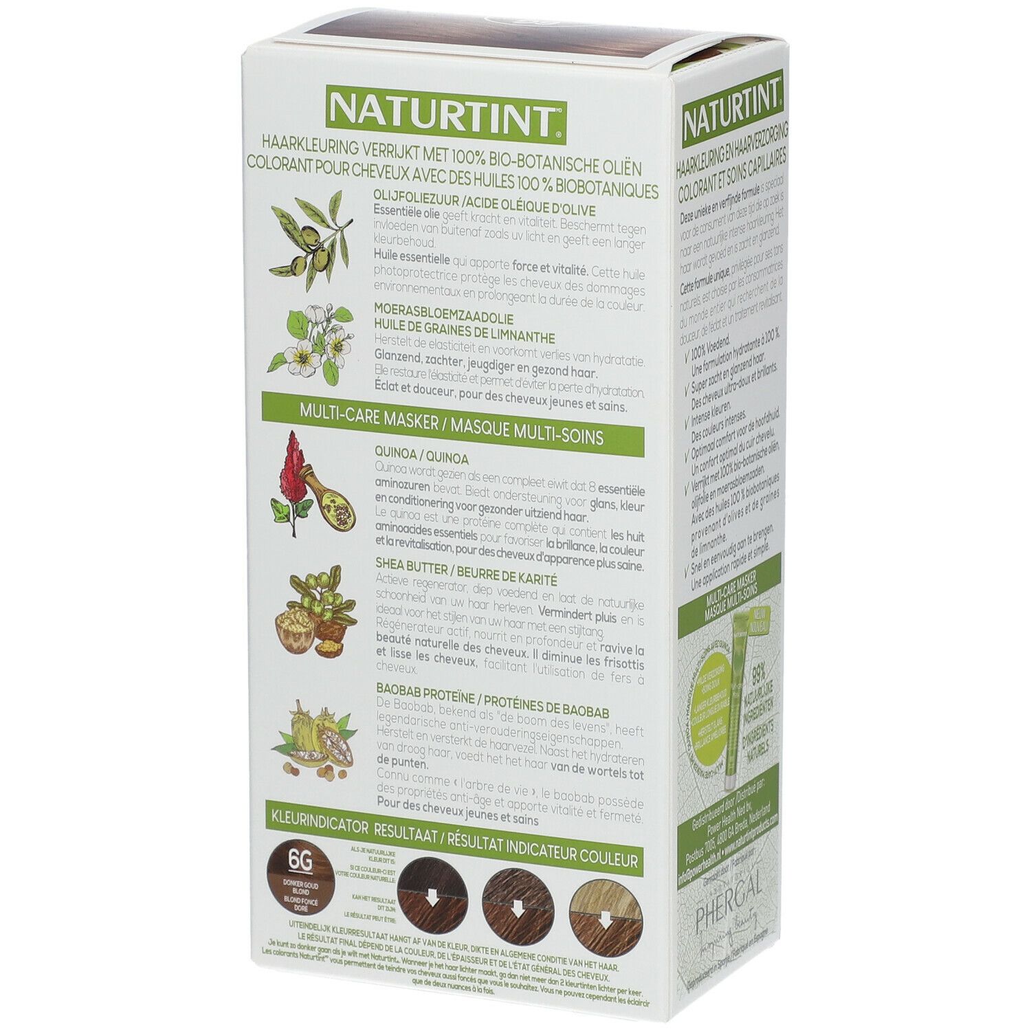 Dos de la boîte de coloration NATURTINT®. Texte sur les ingrédients, les résultats et les certifications. Teinte 6G.