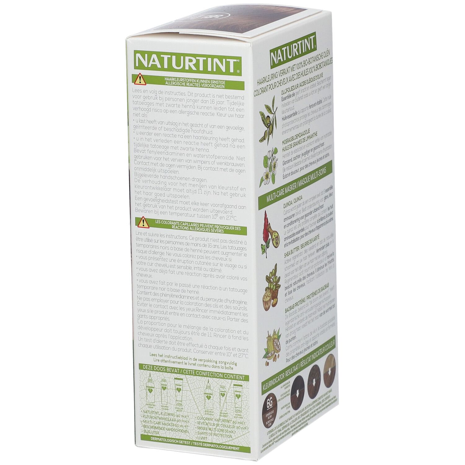 Vue latérale de la boîte de coloration NATURTINT®. Texte sur les ingrédients et l'utilisation. Teinte 6G.
