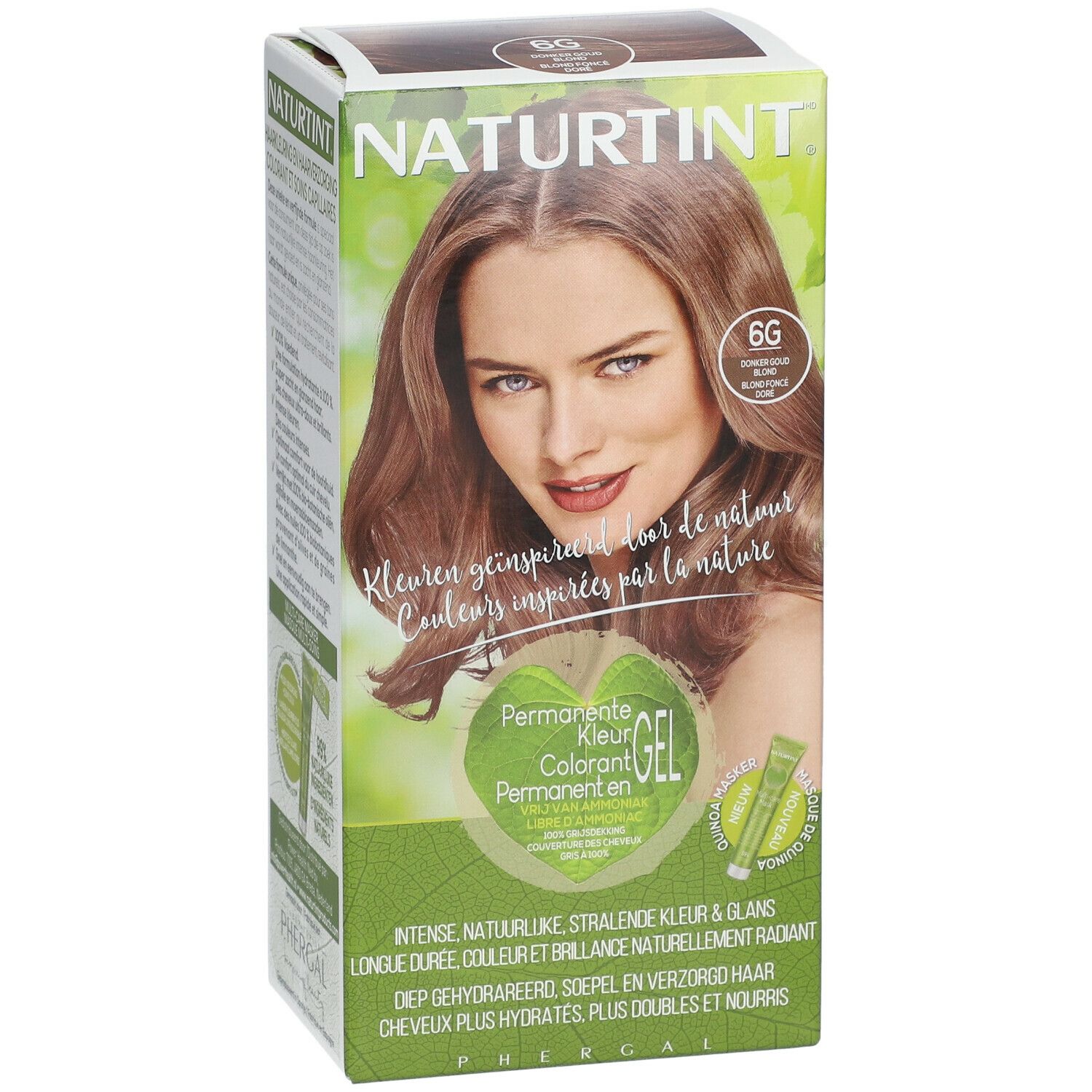 NATURTINT® 6G Blond doré foncé. Boîte avec femme, image produit et texte. Teinte 6G.