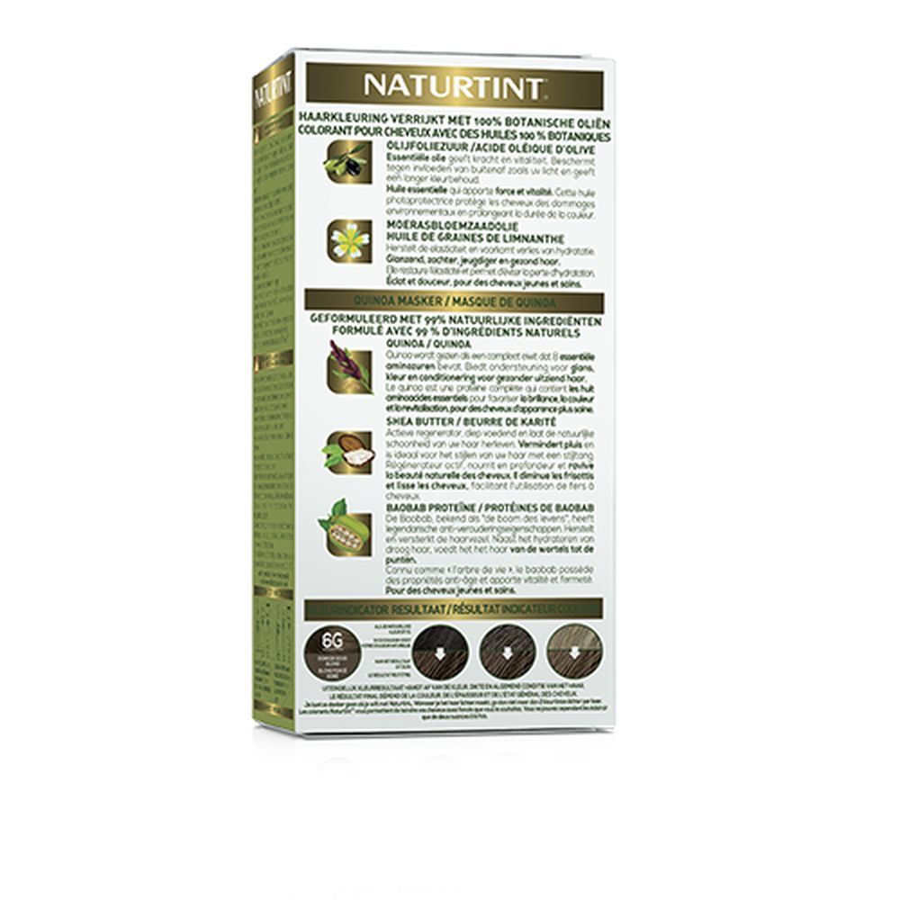 Dos de la boîte de coloration NATURTINT®. Texte sur les ingrédients, les résultats et les certifications. Teinte 6G.