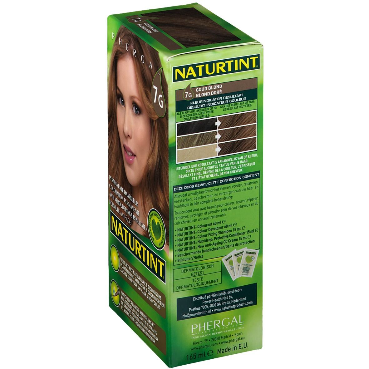 NATURTINT® haarkleurverpakking. Achterkant met tekst, kleurresultaten en ingrediënten. 7G.