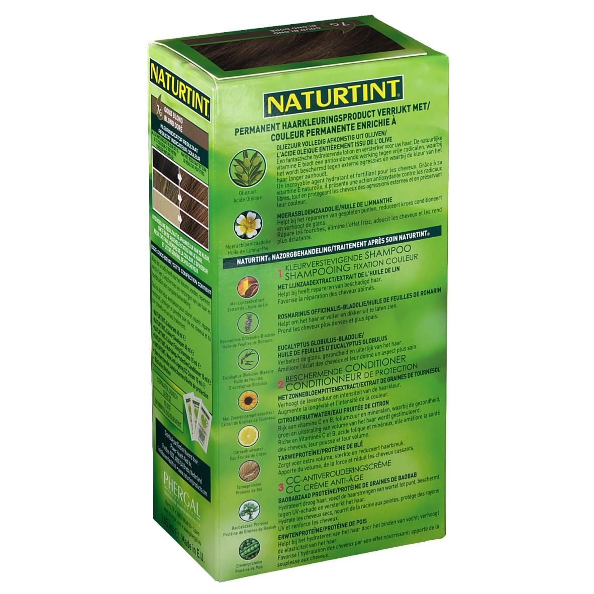 Achterkant van de NATURTINT® haarkleurverpakking. Tekst over ingrediënten, gebruik en accessoires.