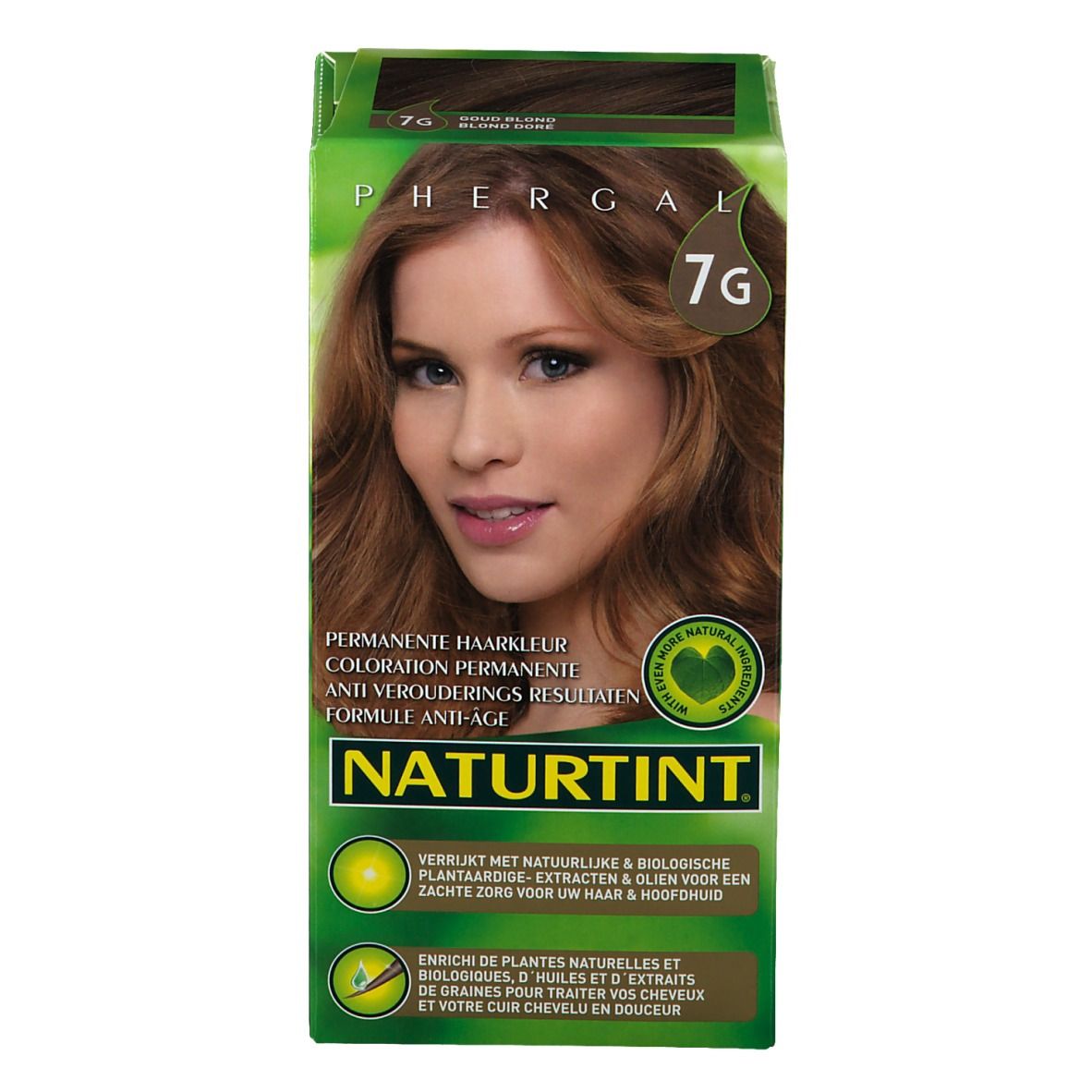 NATURTINT® 7G. Verpakking met vrouw, productafbeelding en tekst. Anti-aging formule.