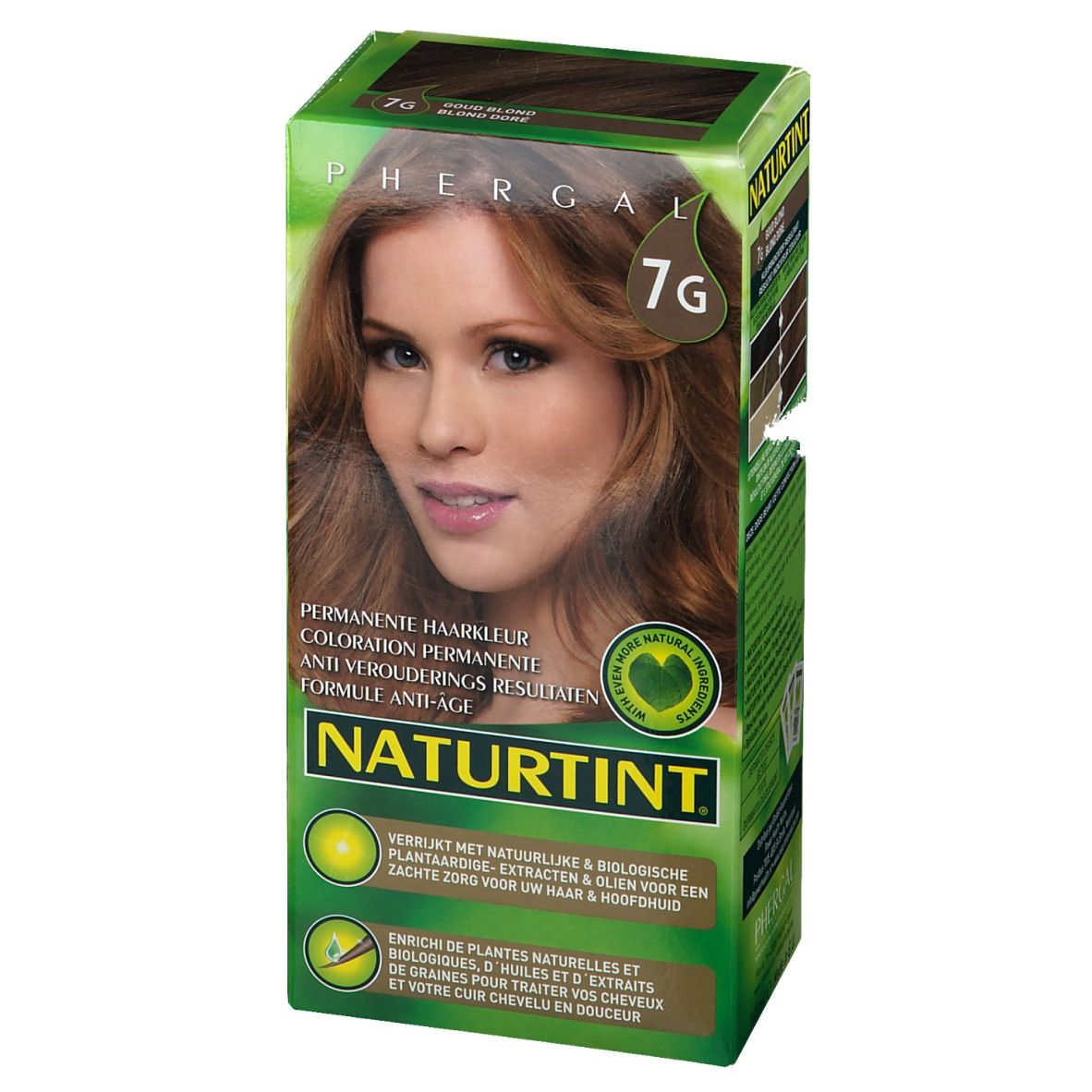 NATURTINT® 7G. Verpakking met vrouw, productafbeelding en tekst. Anti-aging formule.
