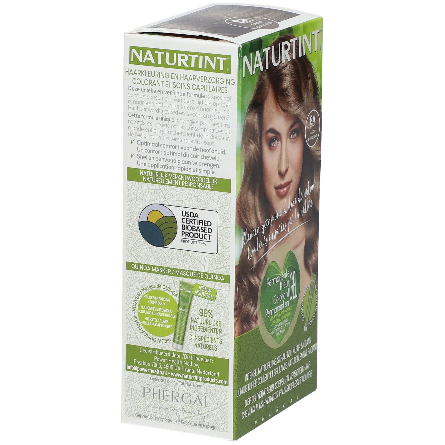 Côté de la boîte de coloration Naturtint. Texte et image du produit. Masque de quinoa et informations.