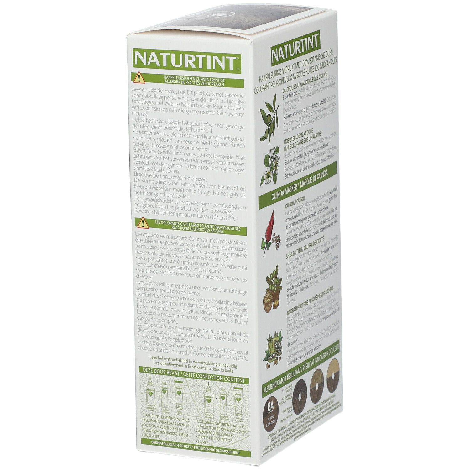 Côté de la boîte de coloration Naturtint. Texte et image du produit. Masque de quinoa et informations.
