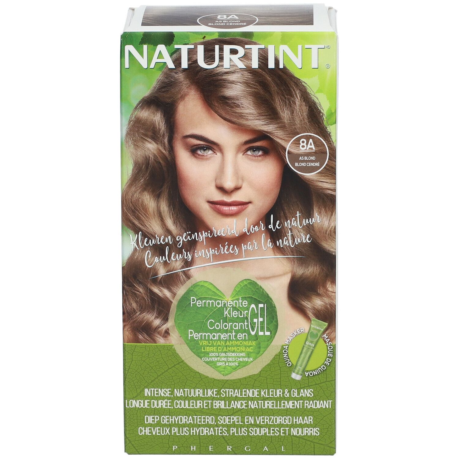 Naturtint 8A Blond cendré. Boîte verte et blanche avec photo de femme, produit et texte. Informations produit et certification USDA.