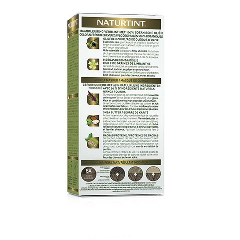 Dos de la boîte de coloration Naturtint. Texte sur ingrédients, résultats et caractéristiques. Illustrations des composants.