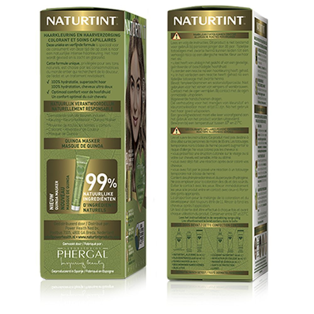 Côté de la boîte de coloration Naturtint. Texte et image du produit. Masque de quinoa et informations.