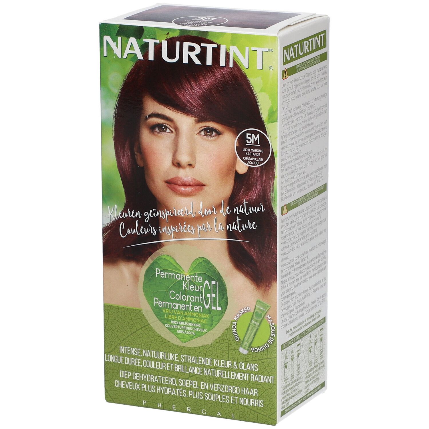 NATURTINT® Haarkleurmiddel 5M. Verpakking met vrouw, haarkleur, tint 5M. Groen-witte achtergrond. Bevat 92% natuurlijke ingrediënten.