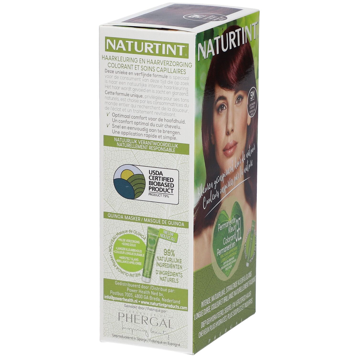 Zijaanzicht van de NATURTINT® haarkleurmiddelverpakking. Bevat informatie over ingrediënten en gebruik. Met quinoa masker.