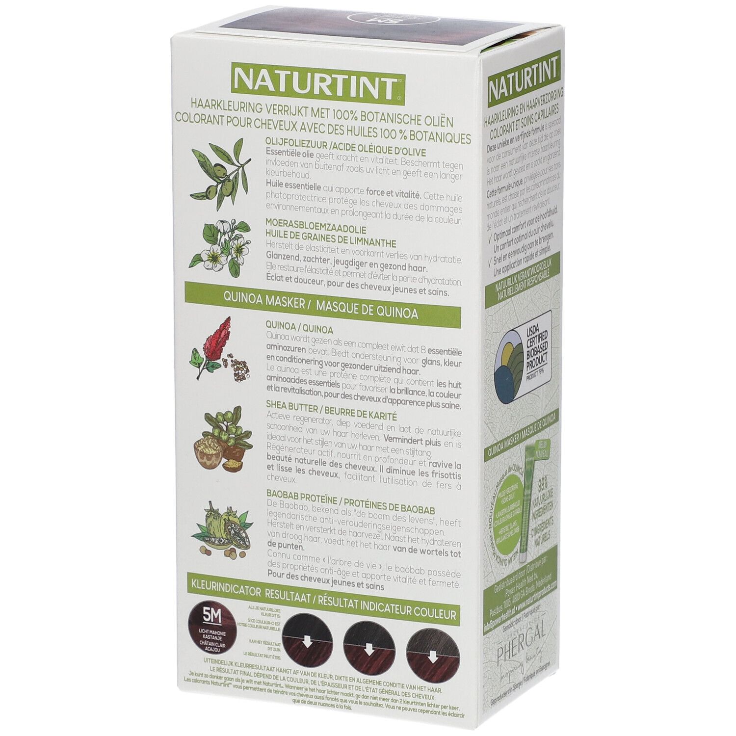 Achterkant van de NATURTINT® haarkleurmiddelverpakking. Bevat informatie over ingrediënten, zoals olijfolie, lijnzaadolie, quinoa en sheaboter.