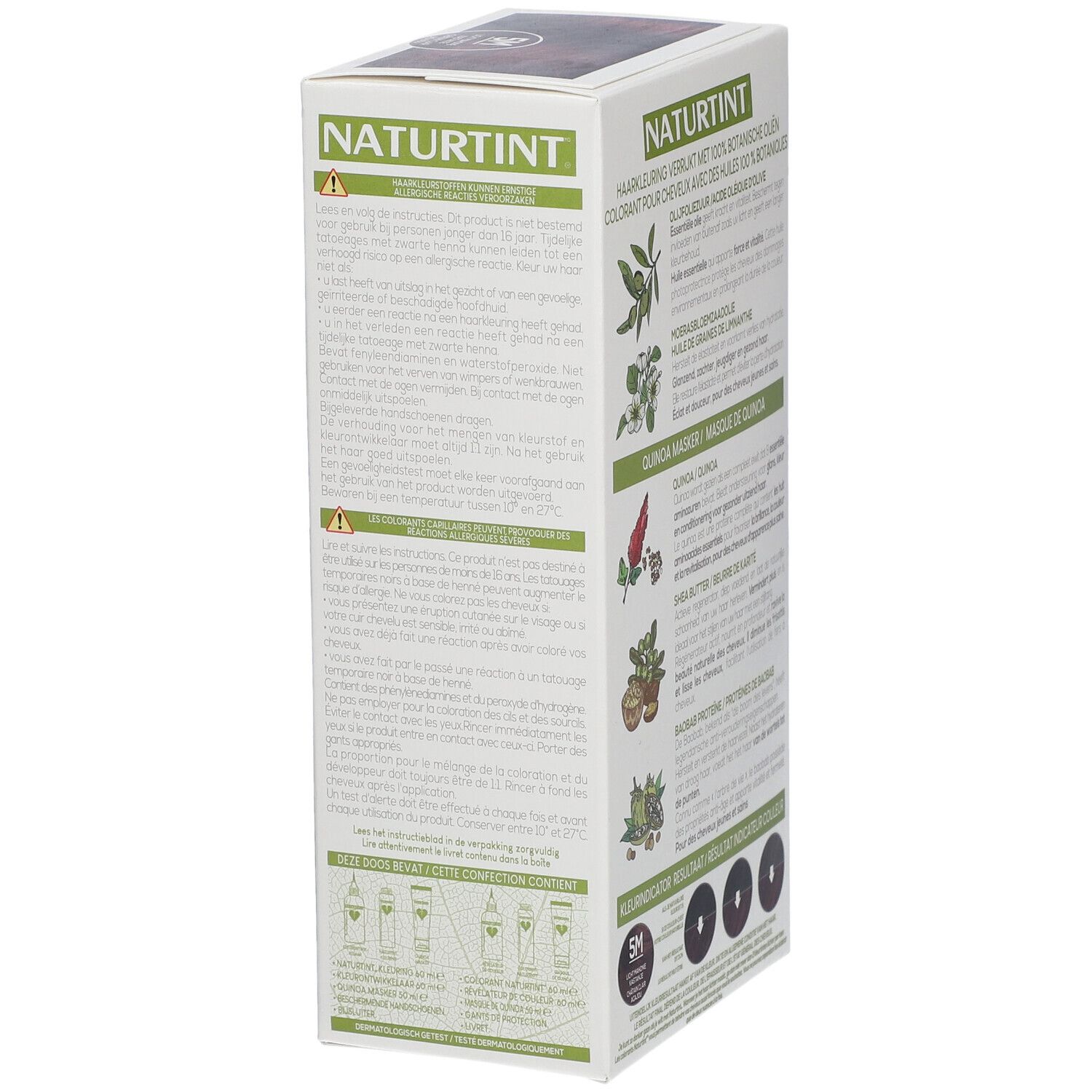 Achterkant van de NATURTINT® haarkleurmiddelverpakking. Bevat informatie over ingrediënten, zoals olijfolie, lijnzaadolie, quinoa en sheaboter.