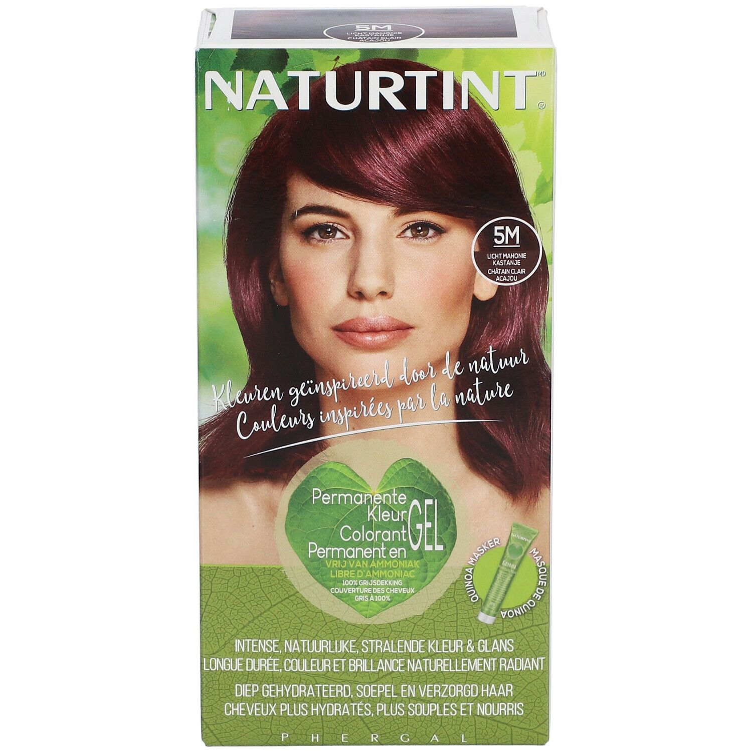 NATURTINT® Haarkleurmiddel 5M. Verpakking met vrouw, haarkleur, tint 5M. Groen-witte achtergrond. Bevat 92% natuurlijke ingrediënten.