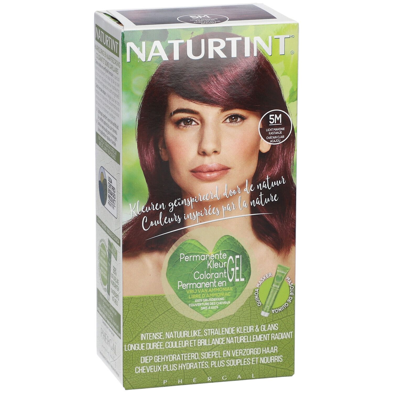NATURTINT® Haarkleurmiddel 5M. Verpakking met vrouw, haarkleur, tint 5M. Groen-witte achtergrond. Bevat 92% natuurlijke ingrediënten.