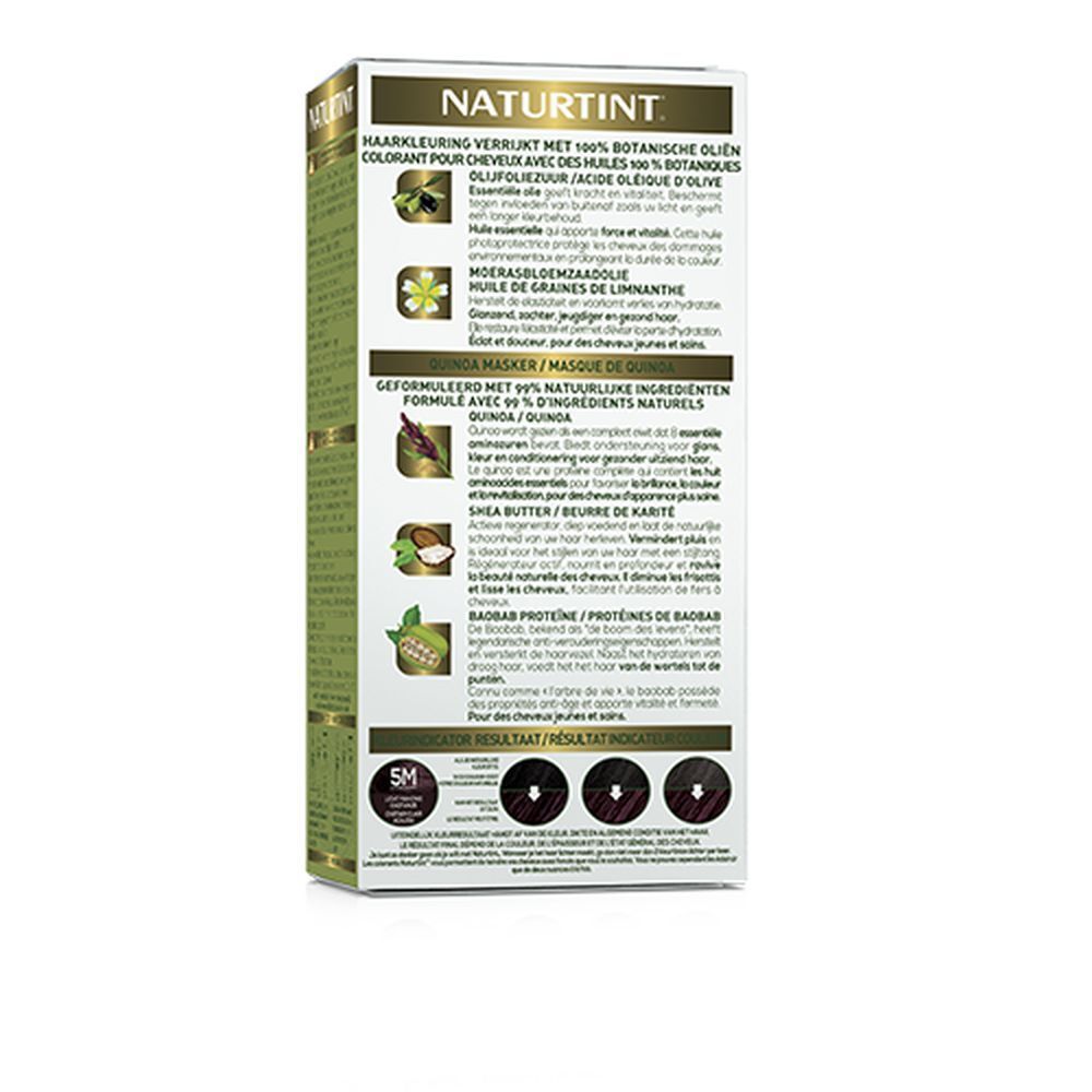 Achterkant van de NATURTINT® haarkleurmiddelverpakking. Bevat informatie over ingrediënten, zoals olijfolie, lijnzaadolie, quinoa en sheaboter.