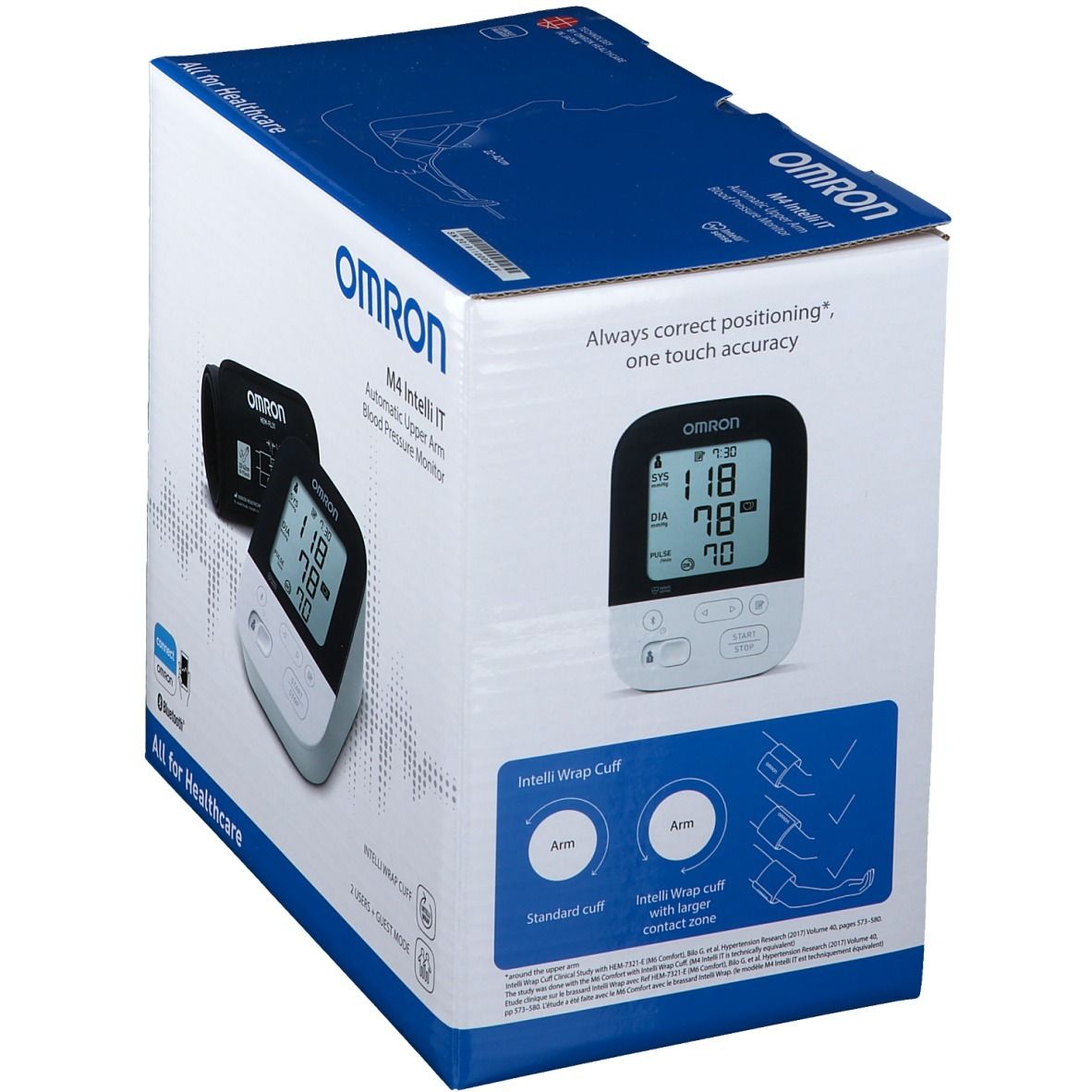 Omron M4 Intelli IT bloeddrukmeter in verpakking. Toont apparaat en manchet. Instructies voor manchetplaatsing.