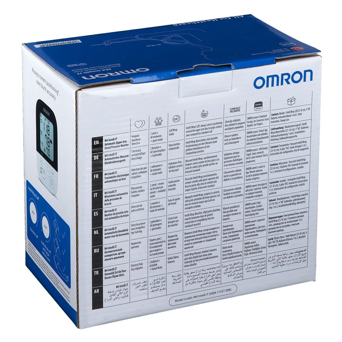 Achterkant van de Omron M4 Intelli IT verpakking. Meertalige productinformatie en pictogrammen.