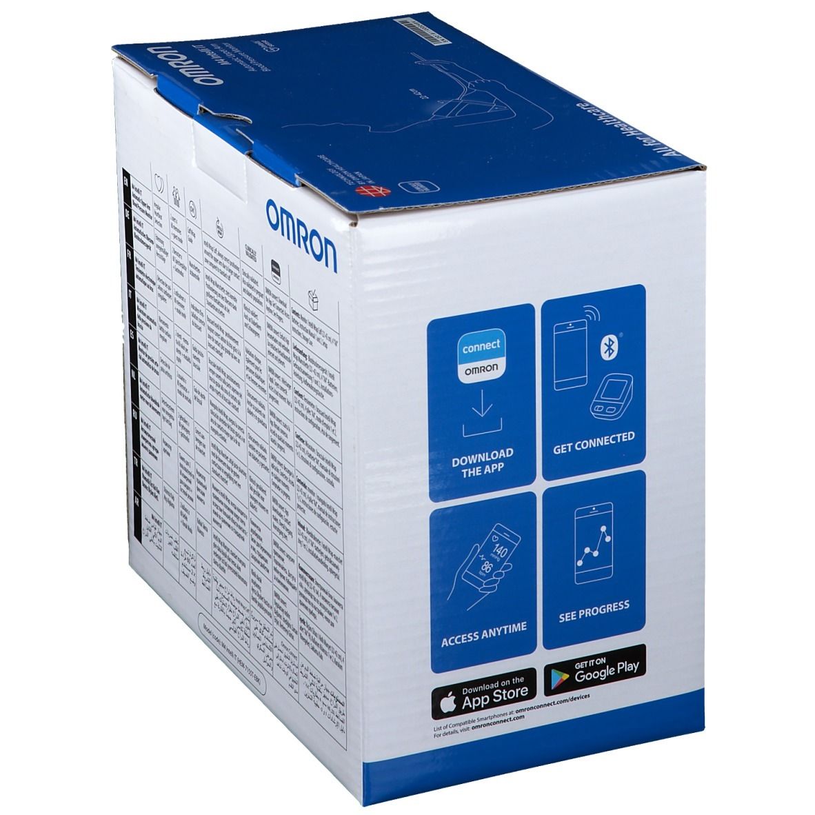 Verpakking van de Omron M4 Intelli IT. Toont app-functies: downloaden, verbinden, voortgang. Bluetooth-logo.