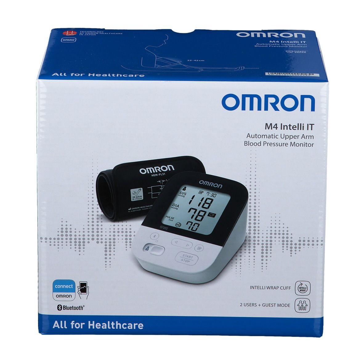 Omron M4 Intelli IT bloeddrukmeter in verpakking. Toont apparaat en manchet. Bluetooth-logo en app-instructies.