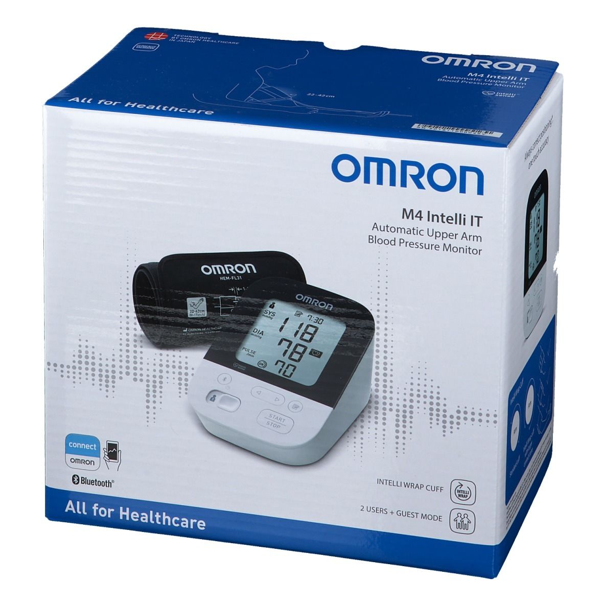 Omron M4 Intelli IT bloeddrukmeter in verpakking. Toont apparaat en manchet. Bluetooth-logo en app-instructies.