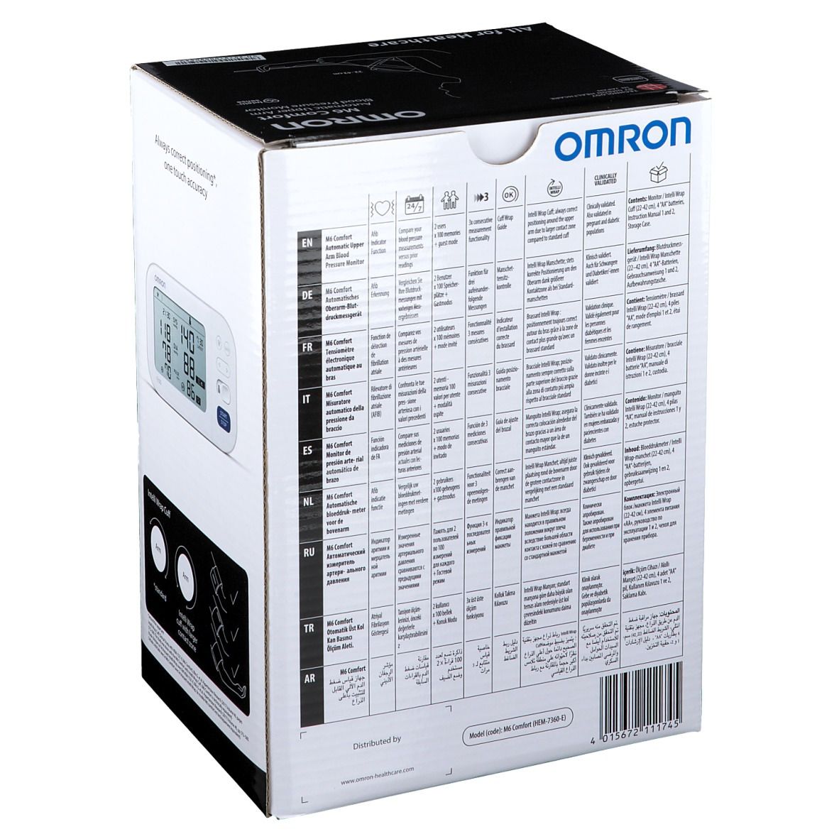 Achterkant van de Omron M6 Comfort verpakking. Meertalige tekstvelden met productinformatie en barcode.