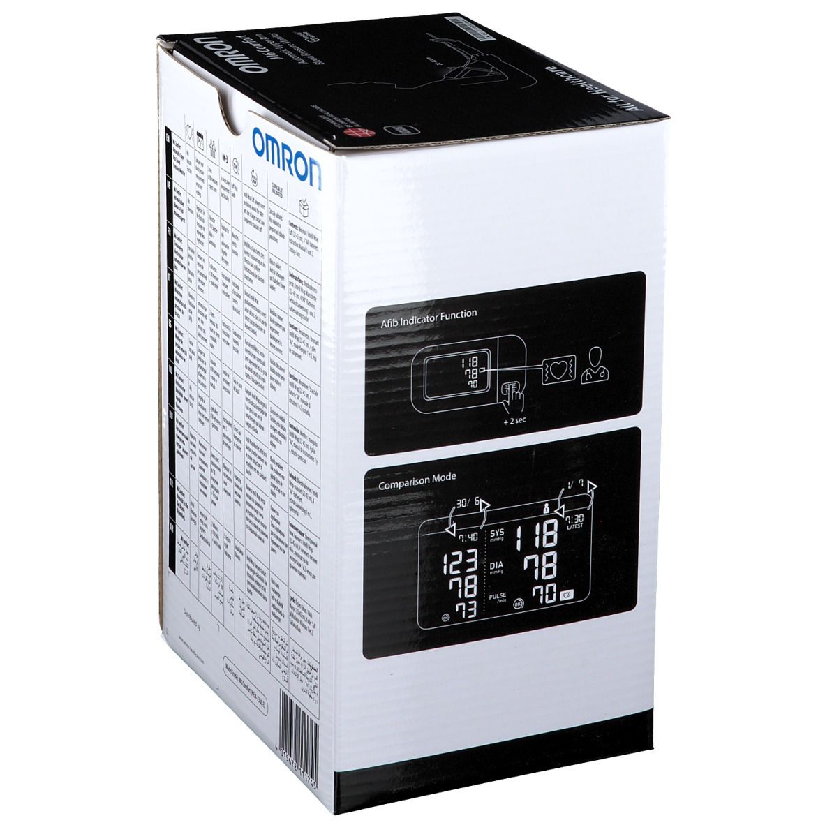 Verpakking Omron M6 Comfort. Grafieken tonen functies: auto-indicator en vergelijkingsmodus.